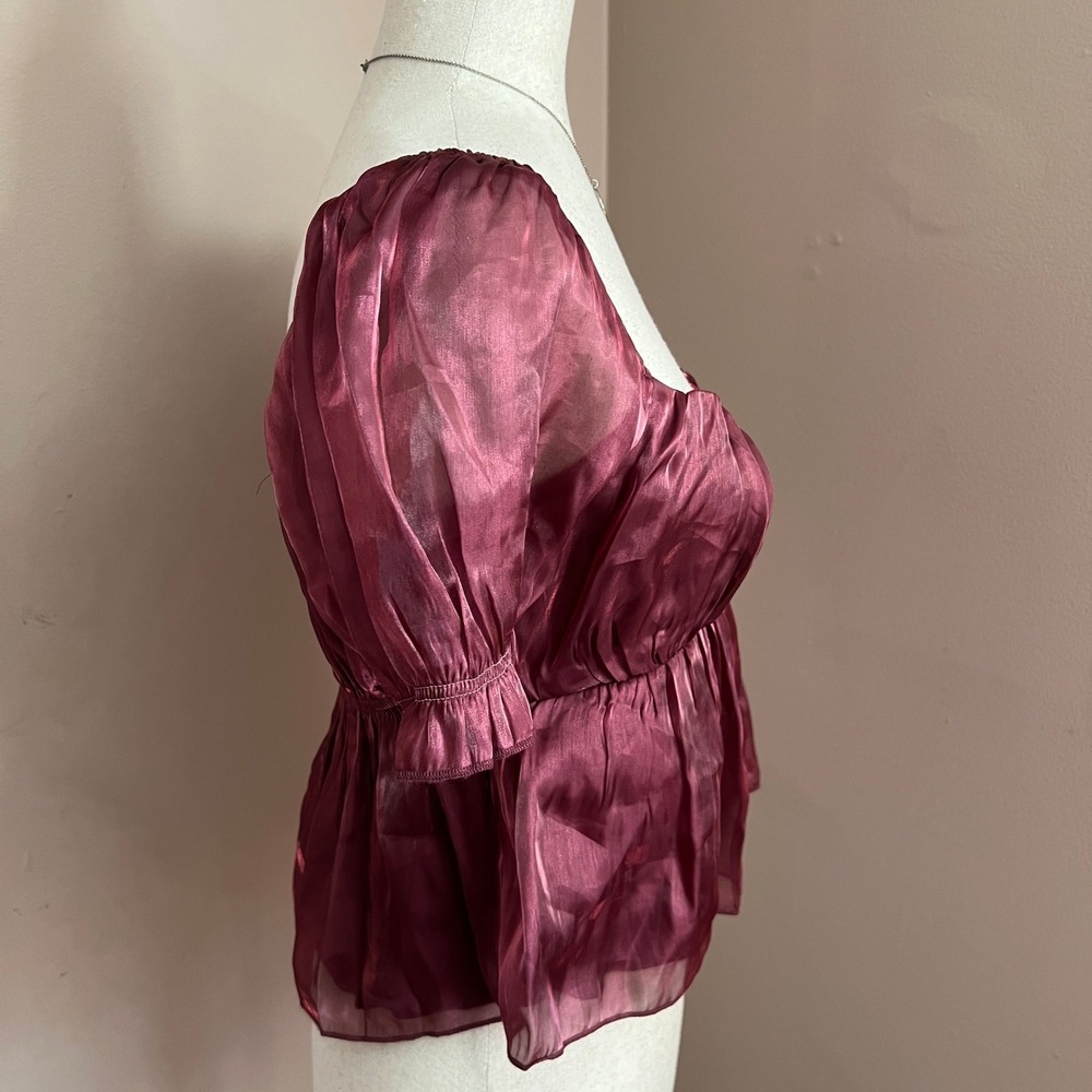Thirty Thirty Metallic Organza Babydoll Top Puff Sleeve Burgundy Size Small - Picture 4 of 10